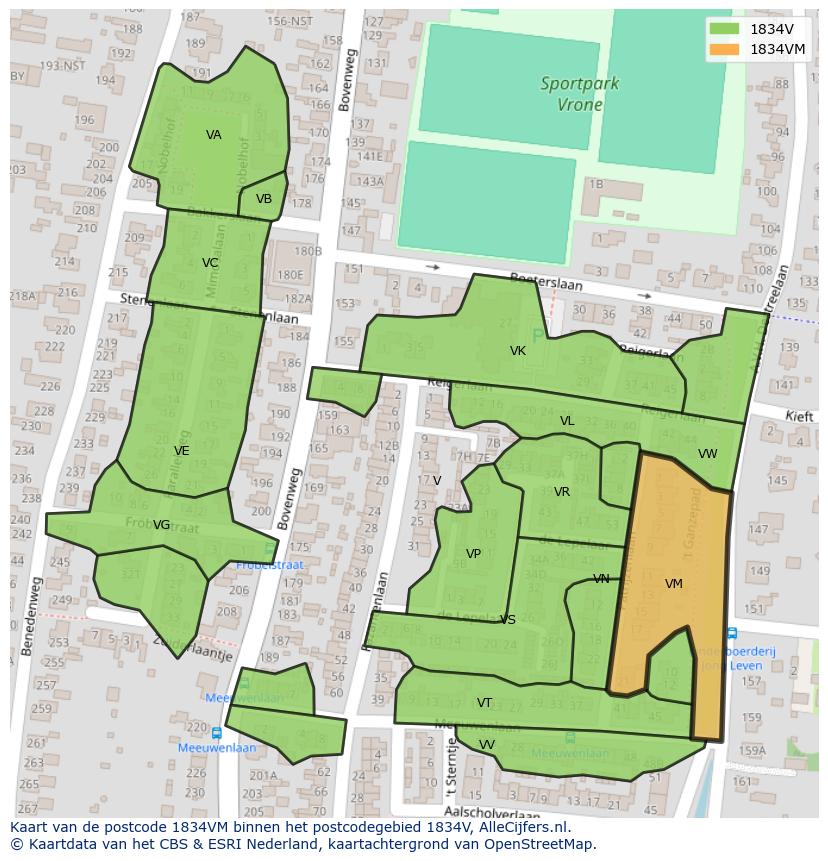 Afbeelding van het postcodegebied 1834 VM op de kaart.