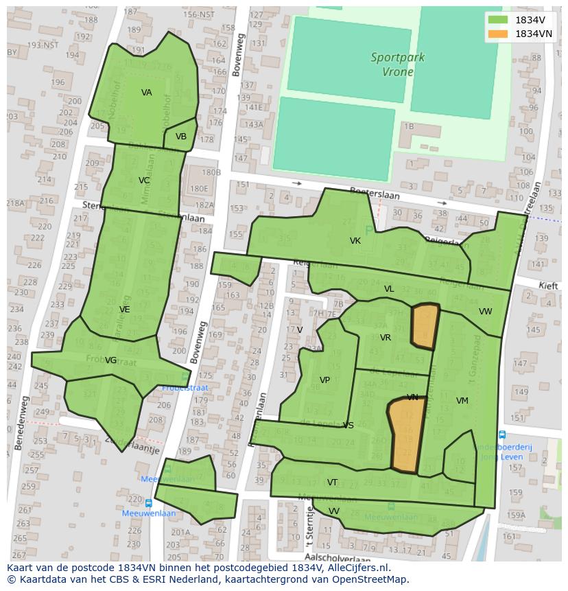 Afbeelding van het postcodegebied 1834 VN op de kaart.