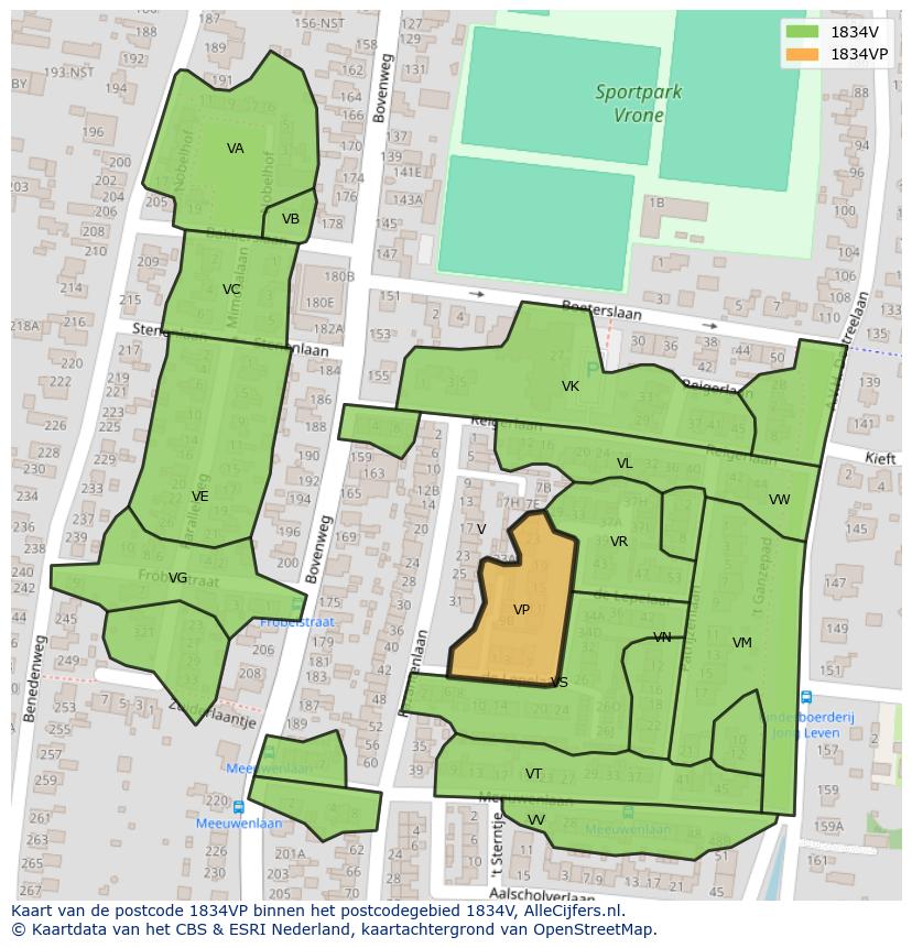 Afbeelding van het postcodegebied 1834 VP op de kaart.