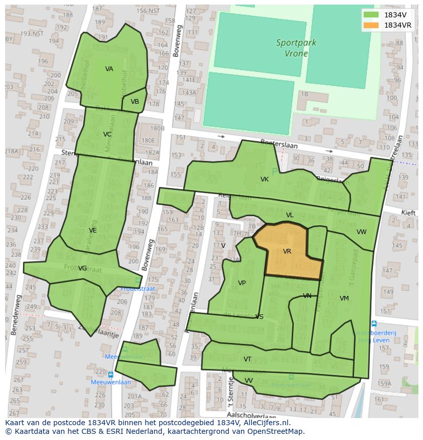 Afbeelding van het postcodegebied 1834 VR op de kaart.
