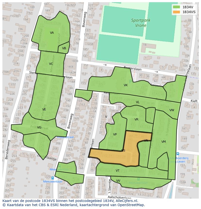 Afbeelding van het postcodegebied 1834 VS op de kaart.