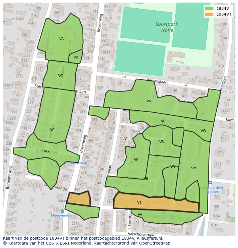 Afbeelding van het postcodegebied 1834 VT op de kaart.