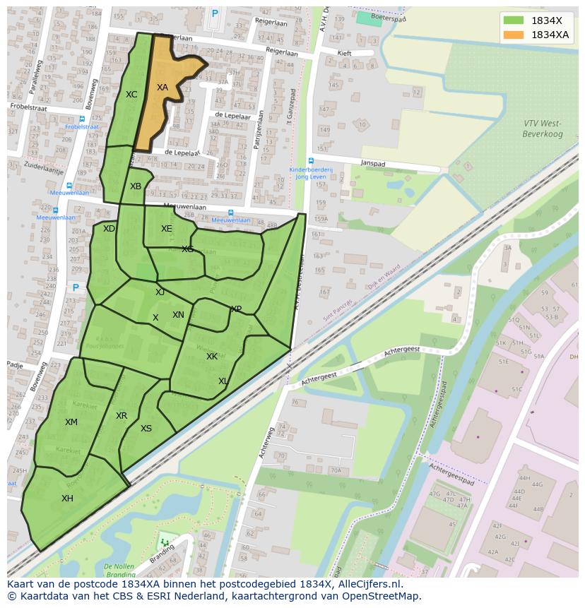 Afbeelding van het postcodegebied 1834 XA op de kaart.