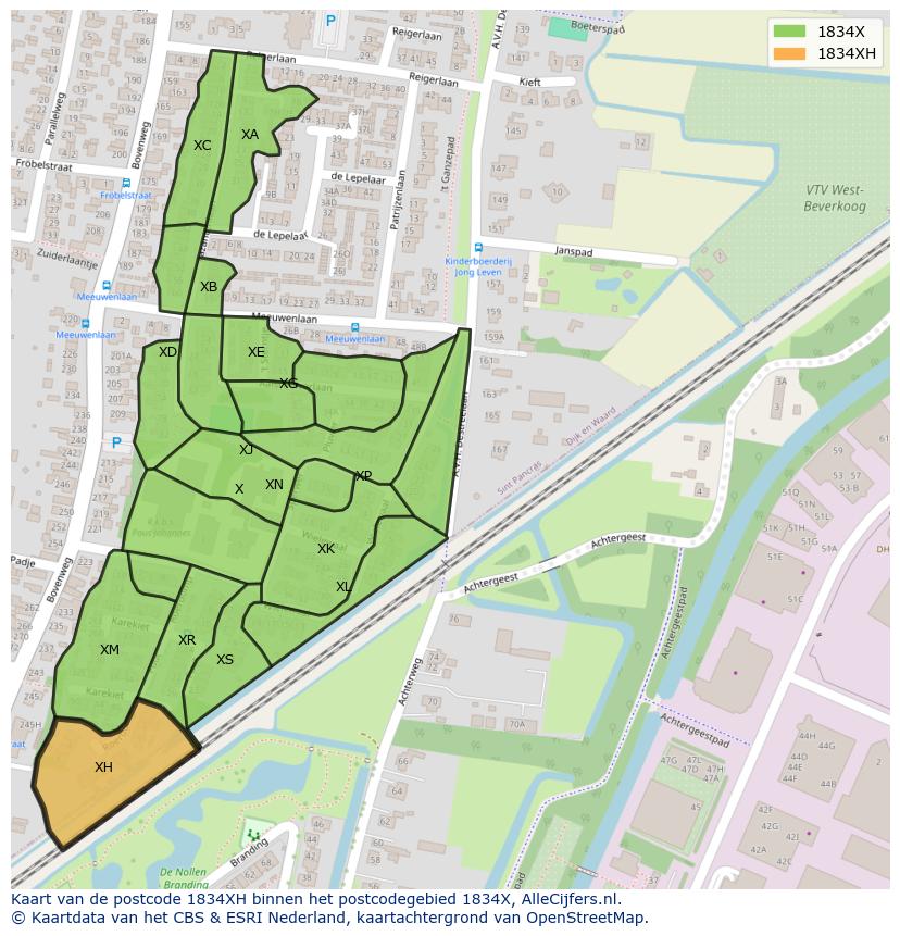 Afbeelding van het postcodegebied 1834 XH op de kaart.