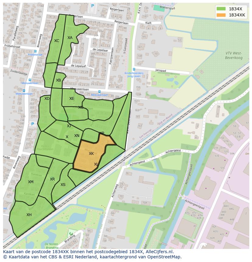 Afbeelding van het postcodegebied 1834 XK op de kaart.