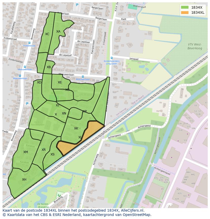 Afbeelding van het postcodegebied 1834 XL op de kaart.