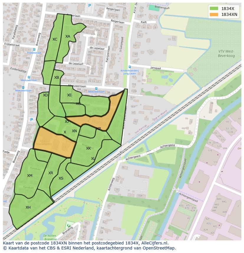 Afbeelding van het postcodegebied 1834 XN op de kaart.