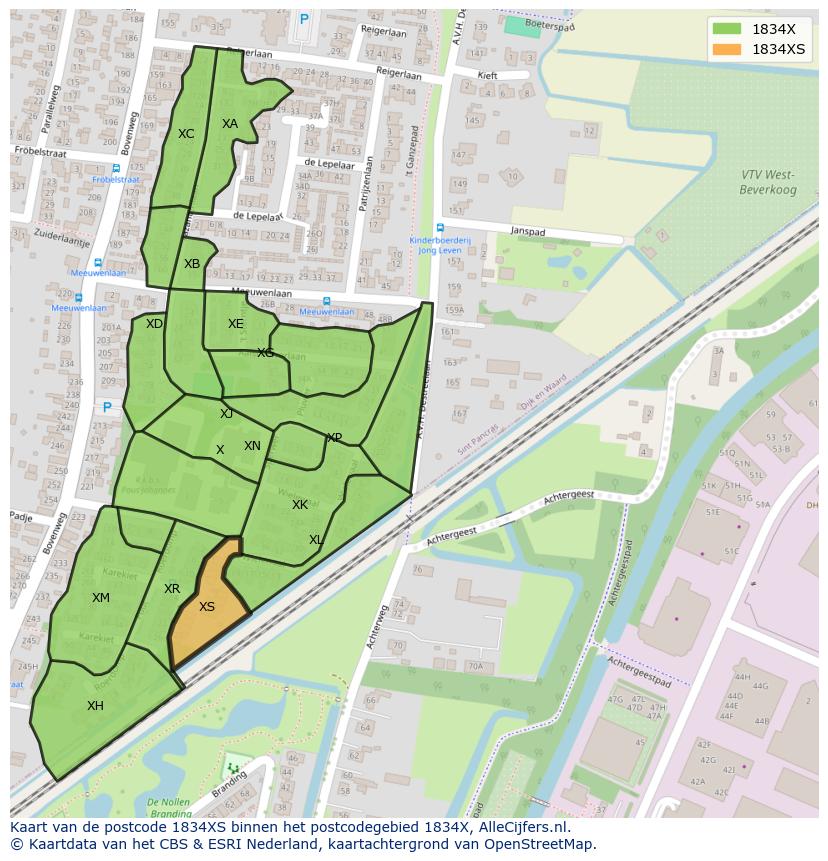 Afbeelding van het postcodegebied 1834 XS op de kaart.
