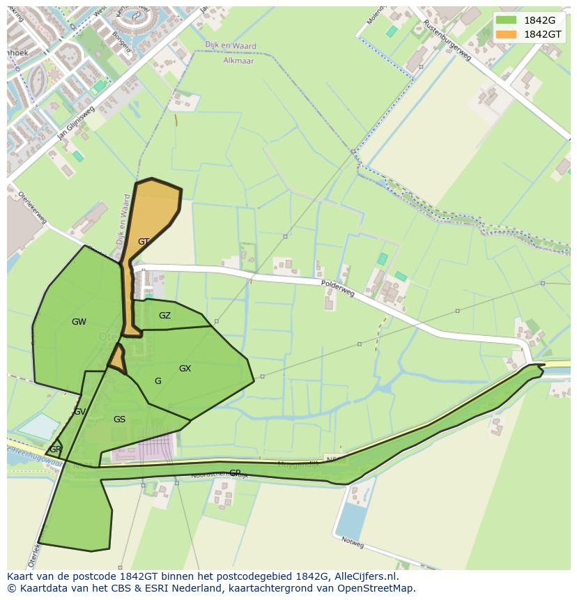 Afbeelding van het postcodegebied 1842 GT op de kaart.