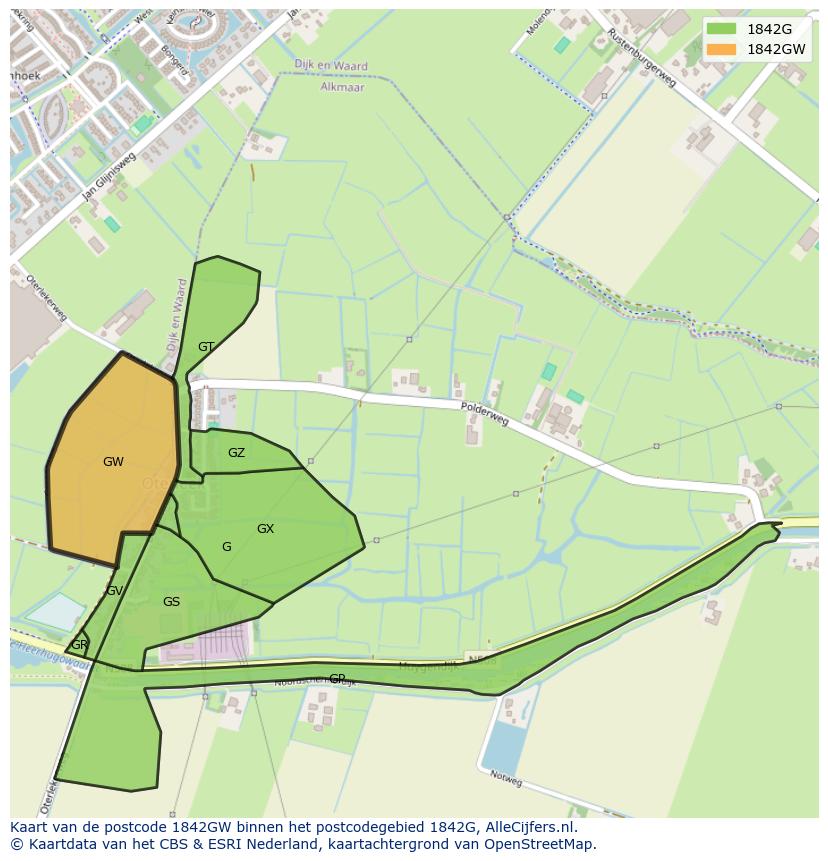 Afbeelding van het postcodegebied 1842 GW op de kaart.