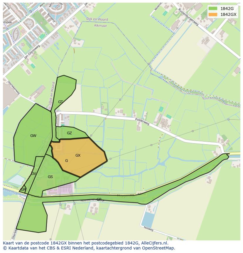Afbeelding van het postcodegebied 1842 GX op de kaart.