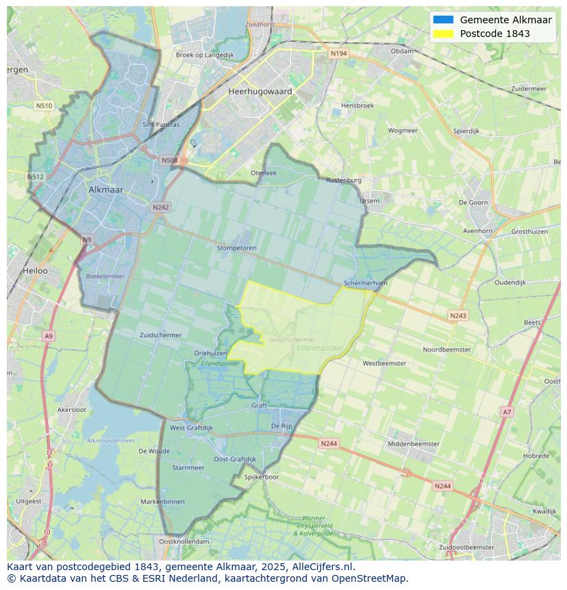Afbeelding van het postcodegebied 1843 op de kaart.