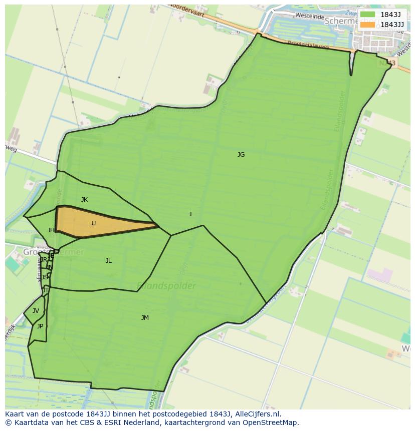 Afbeelding van het postcodegebied 1843 JJ op de kaart.