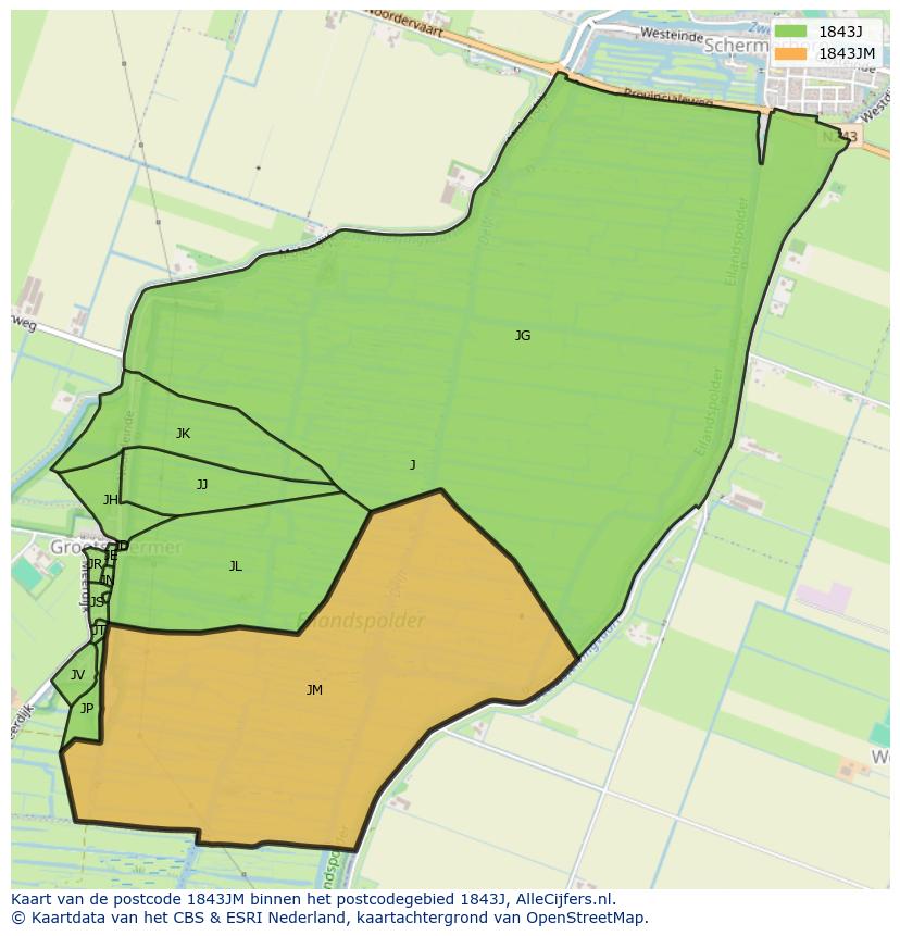 Afbeelding van het postcodegebied 1843 JM op de kaart.