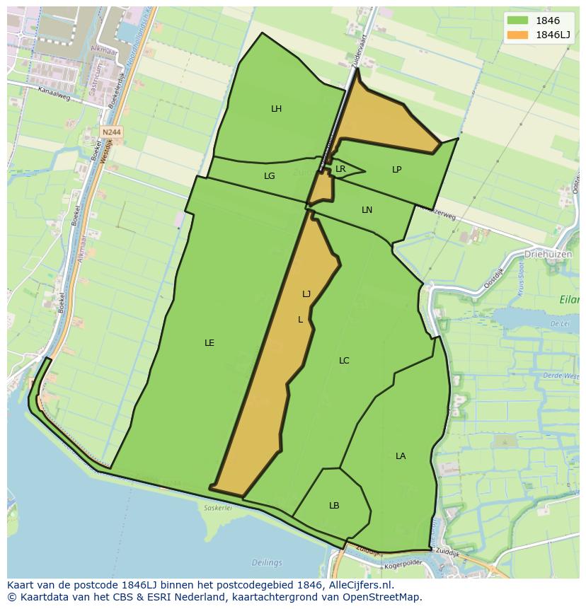 Afbeelding van het postcodegebied 1846 LJ op de kaart.