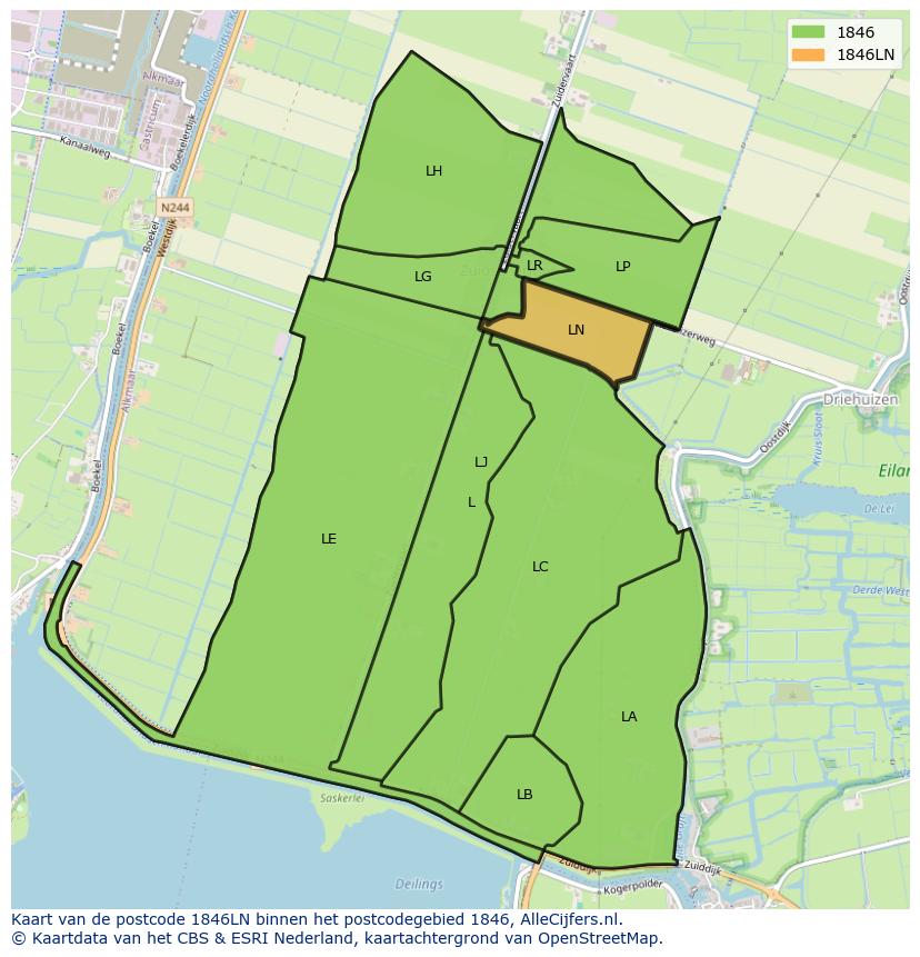 Afbeelding van het postcodegebied 1846 LN op de kaart.