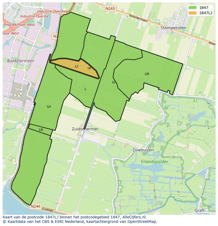Afbeelding van het postcodegebied 1847 LJ op de kaart.