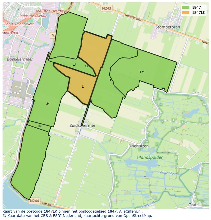 Afbeelding van het postcodegebied 1847 LK op de kaart.