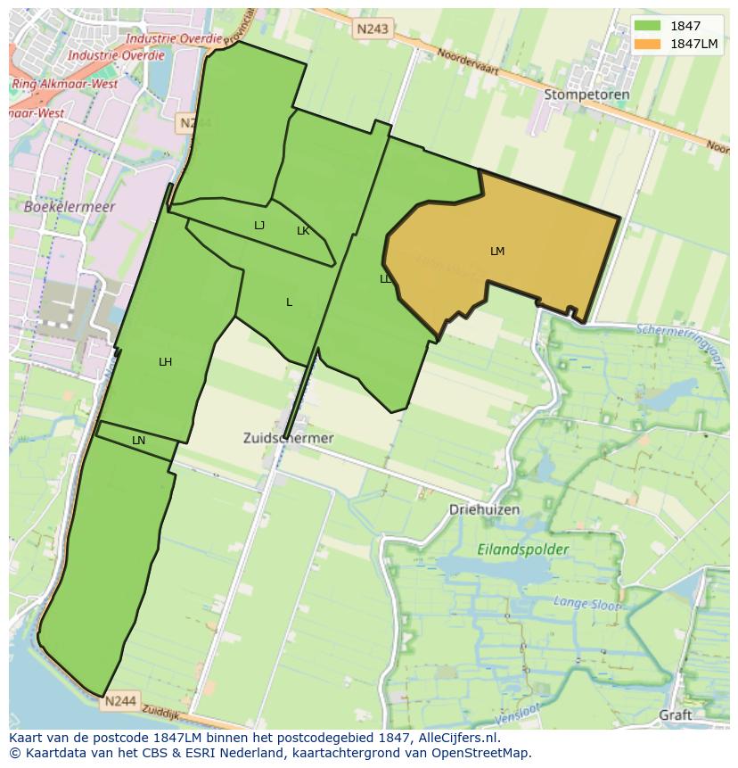 Afbeelding van het postcodegebied 1847 LM op de kaart.