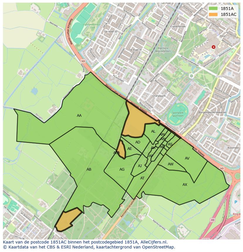 Afbeelding van het postcodegebied 1851 AC op de kaart.