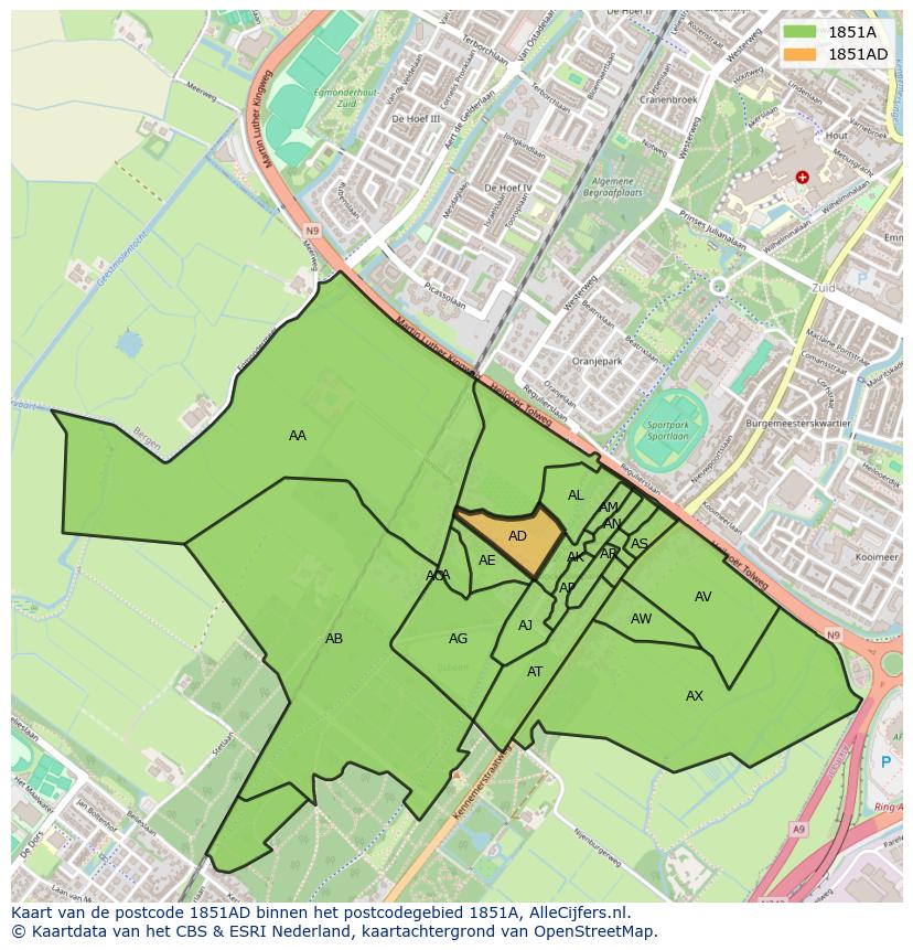 Afbeelding van het postcodegebied 1851 AD op de kaart.