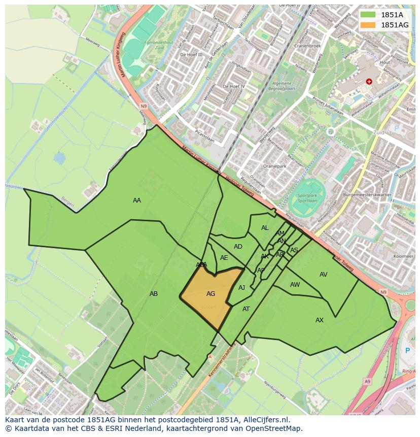 Afbeelding van het postcodegebied 1851 AG op de kaart.