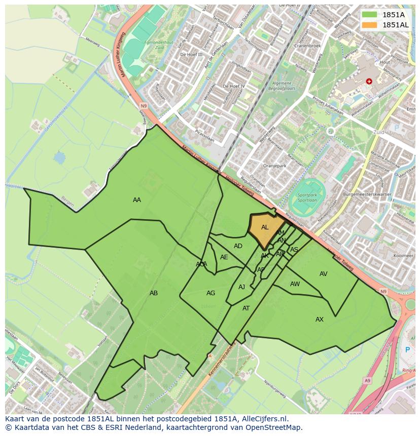 Afbeelding van het postcodegebied 1851 AL op de kaart.