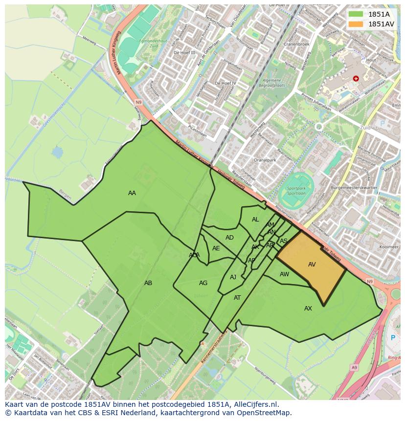 Afbeelding van het postcodegebied 1851 AV op de kaart.
