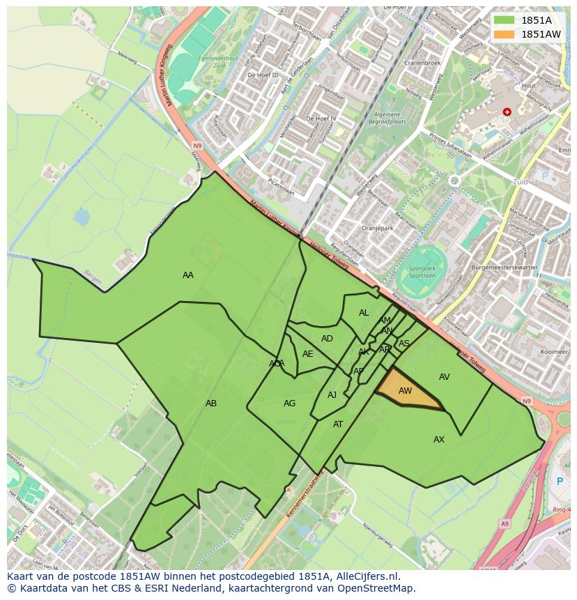 Afbeelding van het postcodegebied 1851 AW op de kaart.