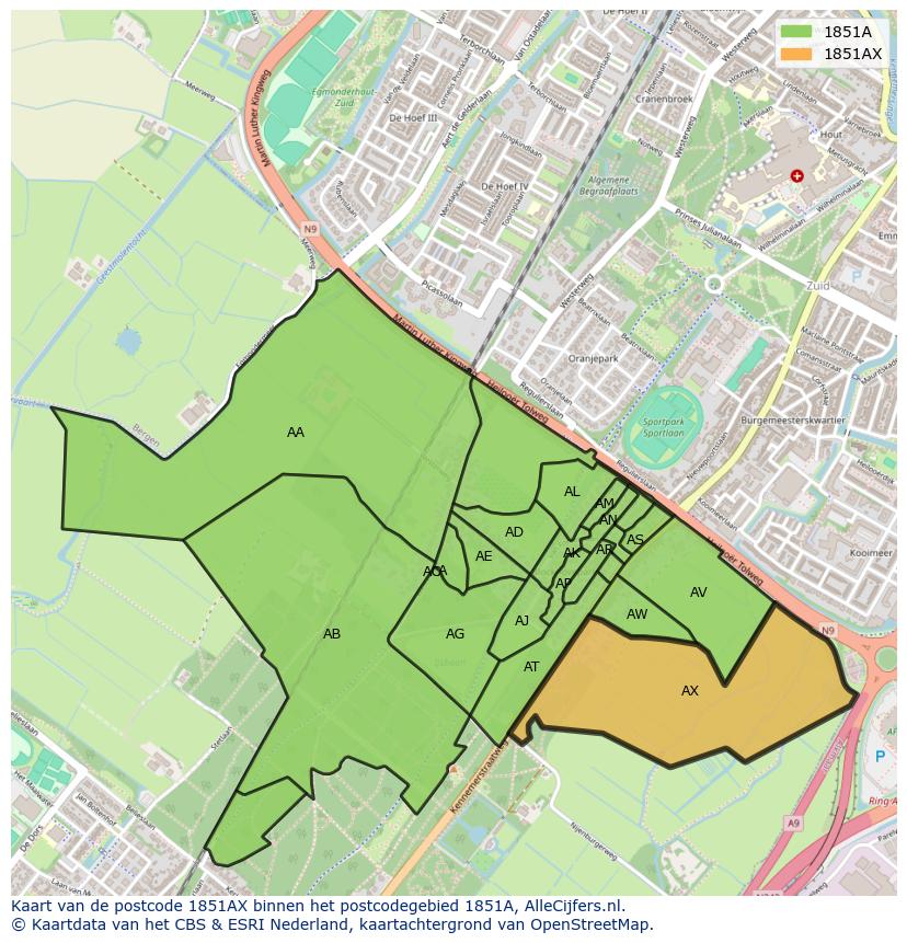 Afbeelding van het postcodegebied 1851 AX op de kaart.