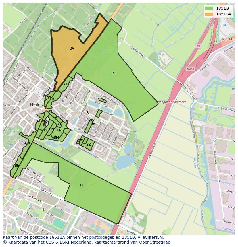 Afbeelding van het postcodegebied 1851 BA op de kaart.