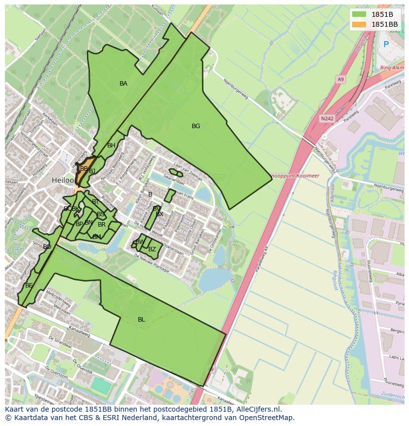 Afbeelding van het postcodegebied 1851 BB op de kaart.