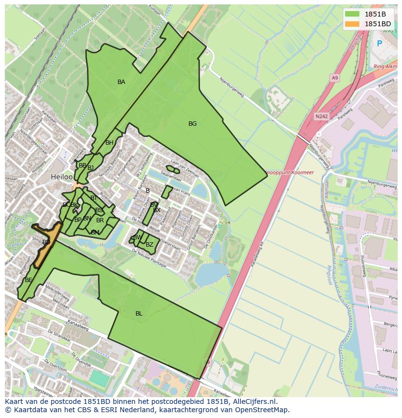 Afbeelding van het postcodegebied 1851 BD op de kaart.