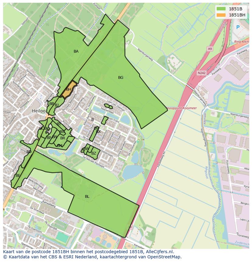 Afbeelding van het postcodegebied 1851 BH op de kaart.