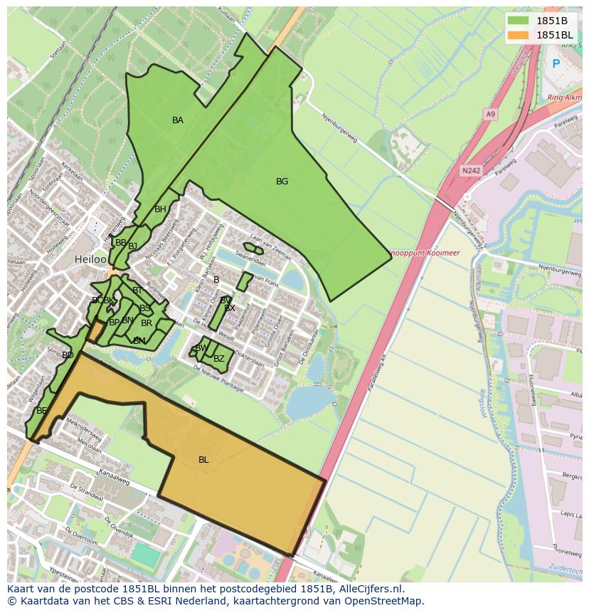 Afbeelding van het postcodegebied 1851 BL op de kaart.