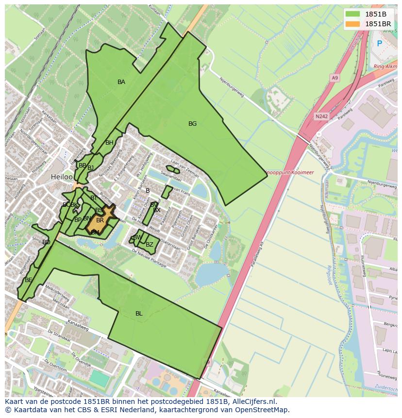 Afbeelding van het postcodegebied 1851 BR op de kaart.