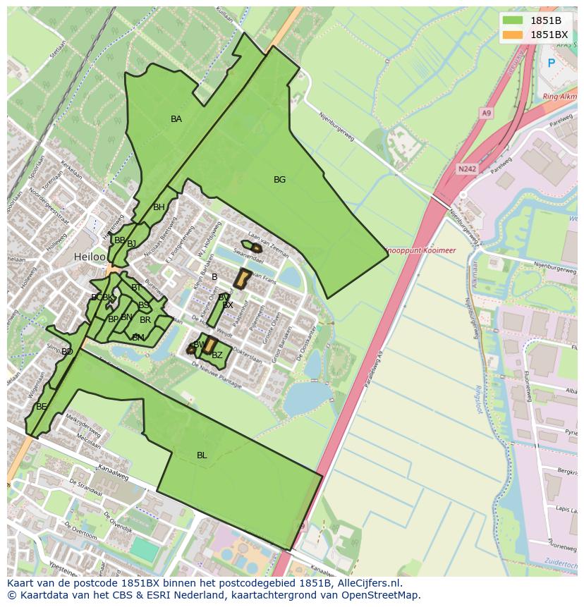 Afbeelding van het postcodegebied 1851 BX op de kaart.