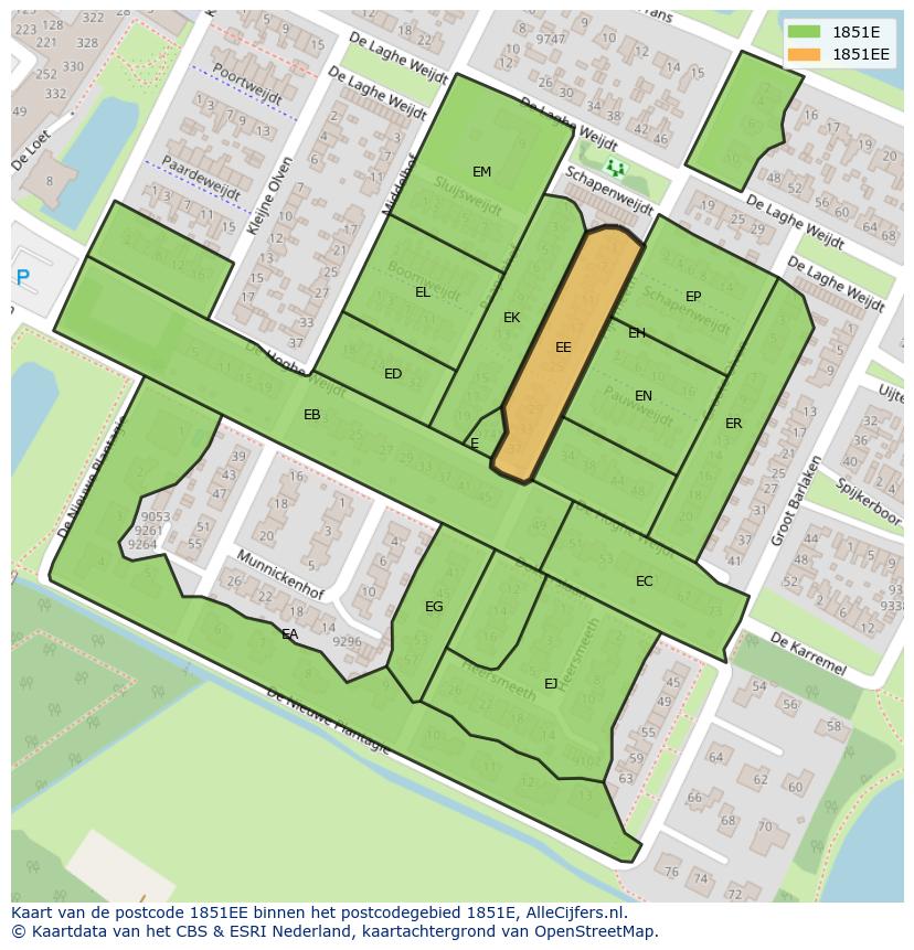 Afbeelding van het postcodegebied 1851 EE op de kaart.