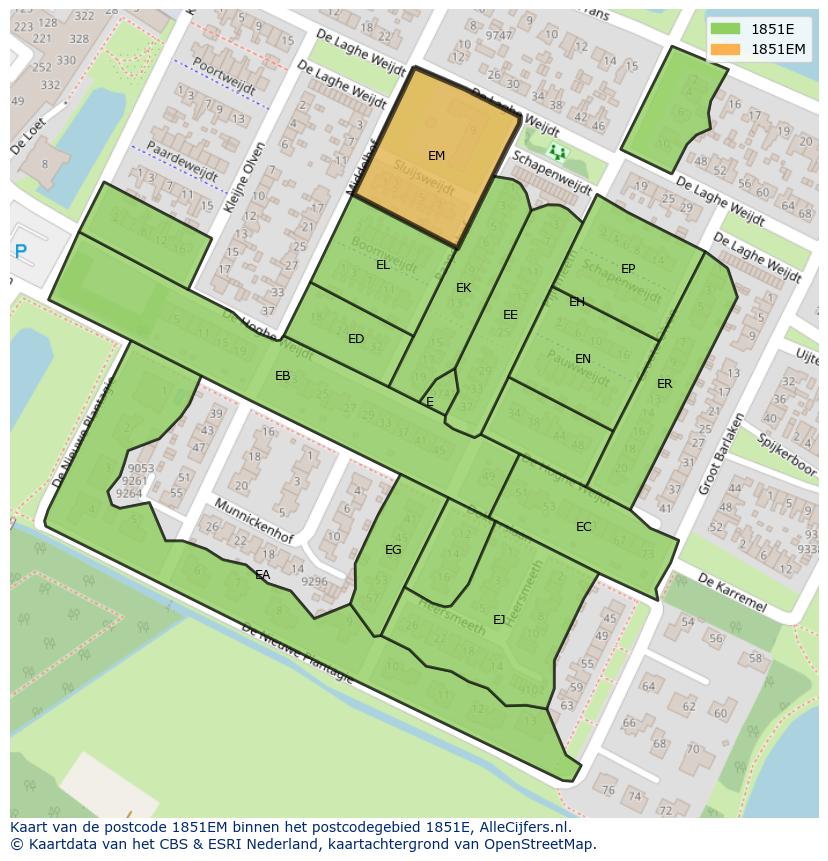 Afbeelding van het postcodegebied 1851 EM op de kaart.