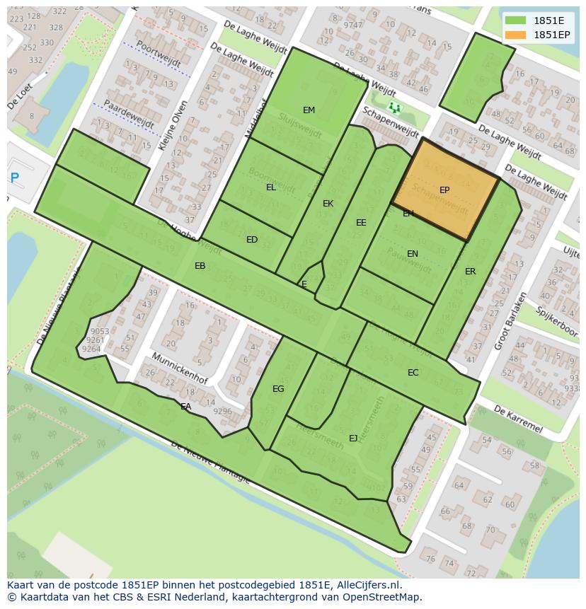 Afbeelding van het postcodegebied 1851 EP op de kaart.