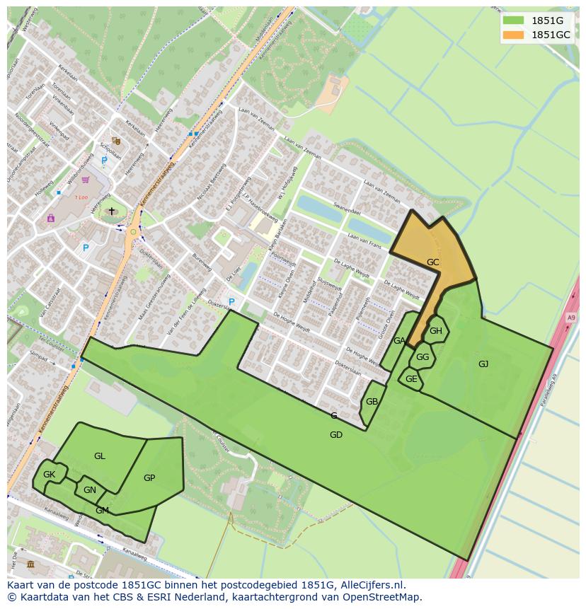 Afbeelding van het postcodegebied 1851 GC op de kaart.