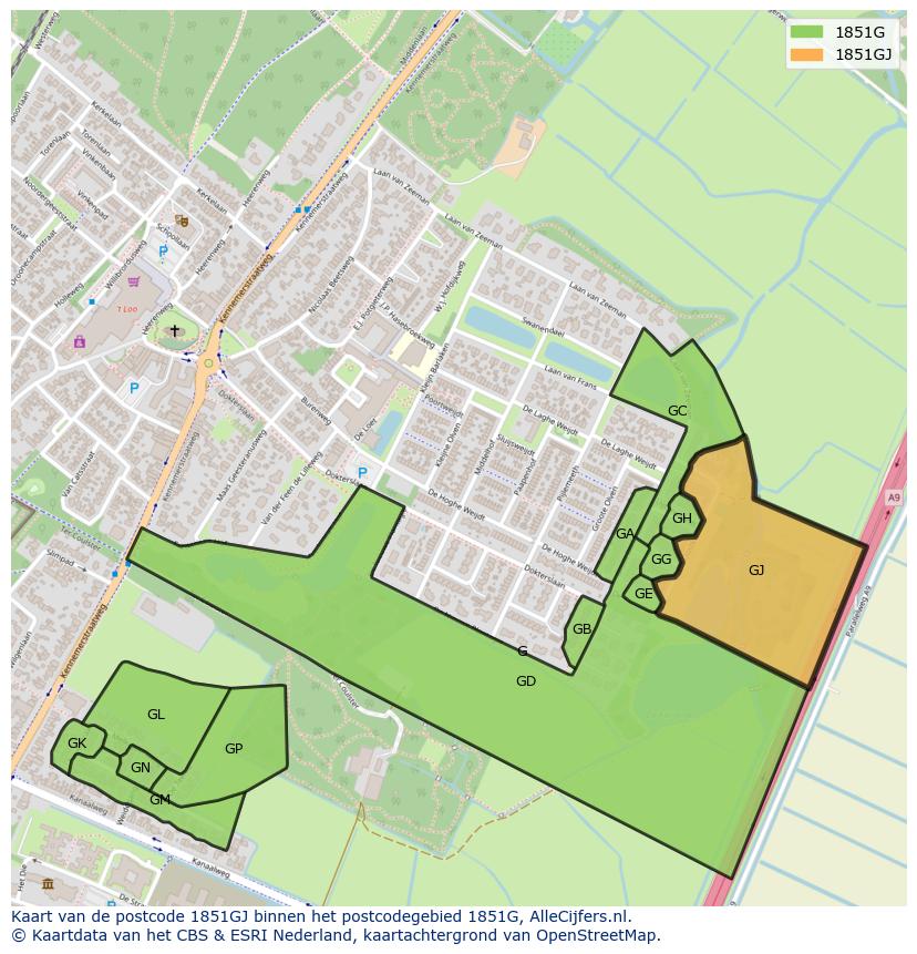 Afbeelding van het postcodegebied 1851 GJ op de kaart.