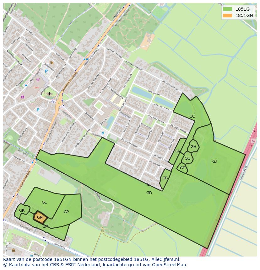 Afbeelding van het postcodegebied 1851 GN op de kaart.