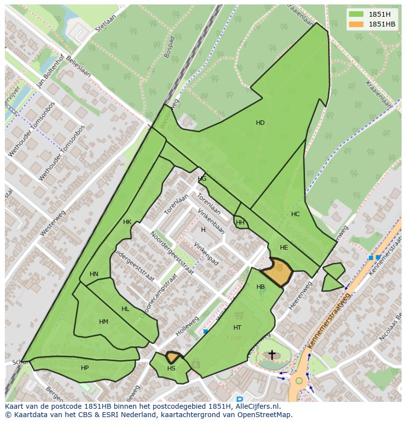 Afbeelding van het postcodegebied 1851 HB op de kaart.