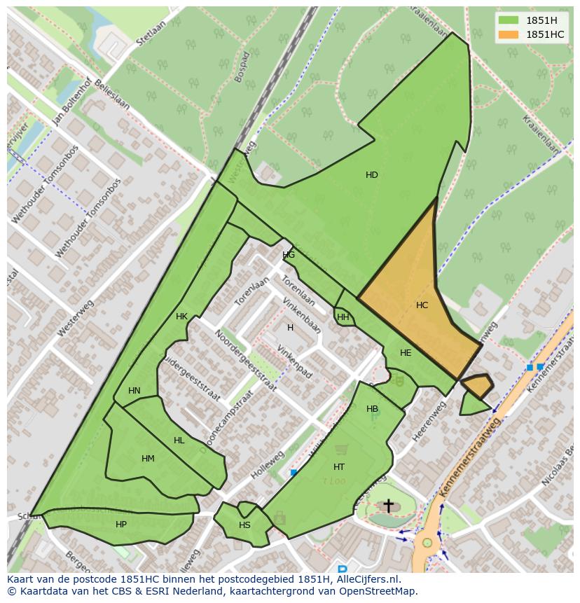 Afbeelding van het postcodegebied 1851 HC op de kaart.