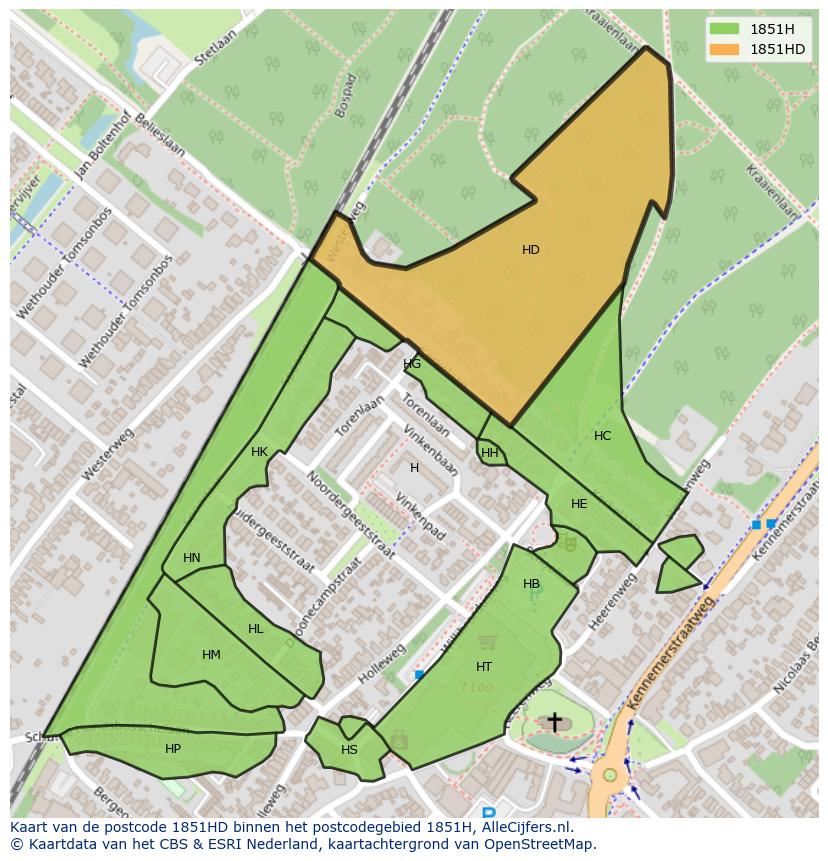 Afbeelding van het postcodegebied 1851 HD op de kaart.