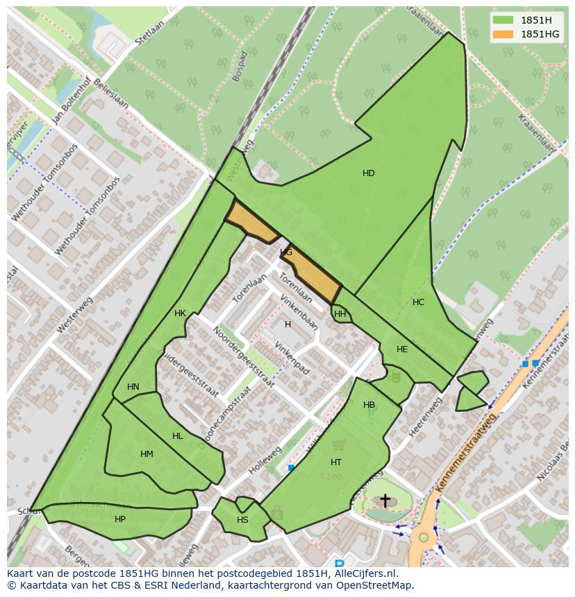 Afbeelding van het postcodegebied 1851 HG op de kaart.