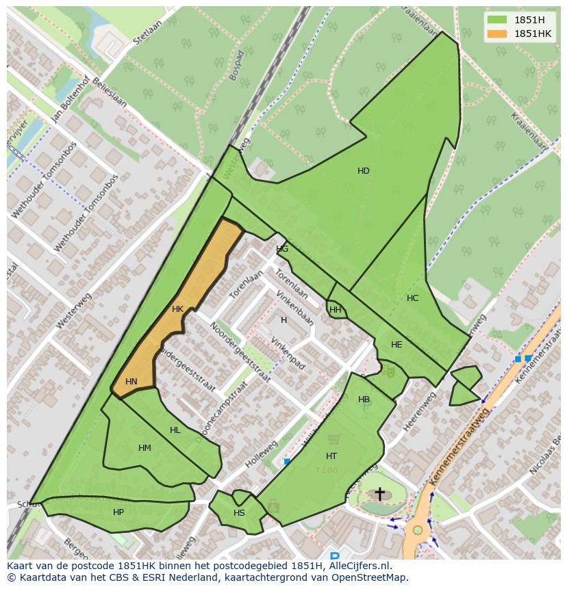 Afbeelding van het postcodegebied 1851 HK op de kaart.