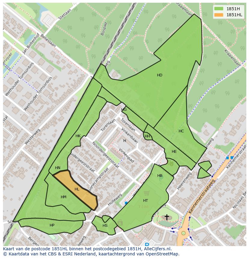 Afbeelding van het postcodegebied 1851 HL op de kaart.