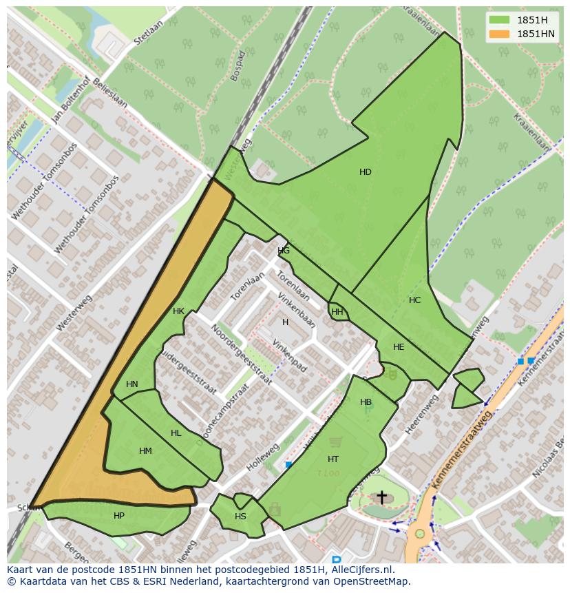 Afbeelding van het postcodegebied 1851 HN op de kaart.